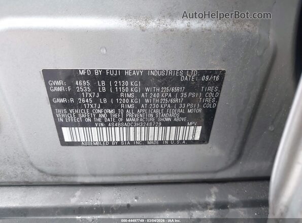 4S4BSADC3H3248729 2017 SUBARU OUTBACK Silver Widok komory silnika