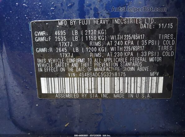 4S4BSADC5G3258175 2016 SUBARU OUTBACK Синий Вид подкапотного пространства