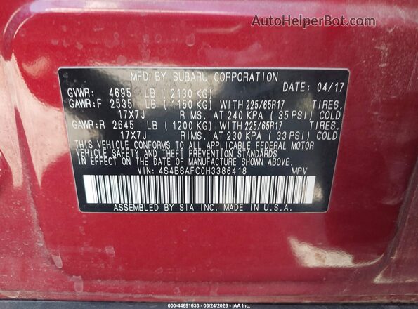 4S4BSAFC0H3386418 2017 SUBARU OUTBACK Красный Вид подкапотного пространства