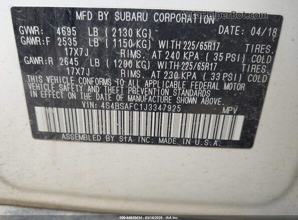 4S4BSAFC1J3347925 2018 SUBARU OUTBACK White Вид підкапотного простору