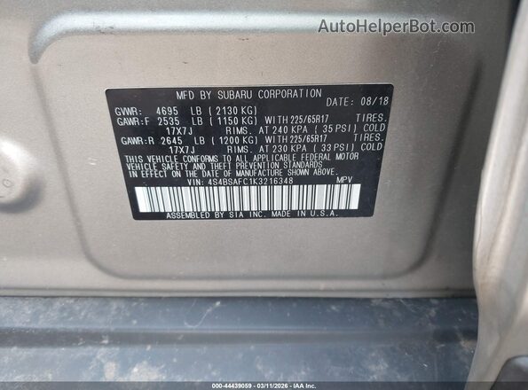 4S4BSAFC1K3216348 2019 SUBARU OUTBACK Silver Vista del compartimento del motor