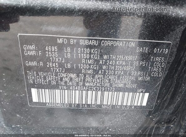 4S4BSAFC2K3291172 2019 SUBARU OUTBACK Черный Вид подкапотного пространства