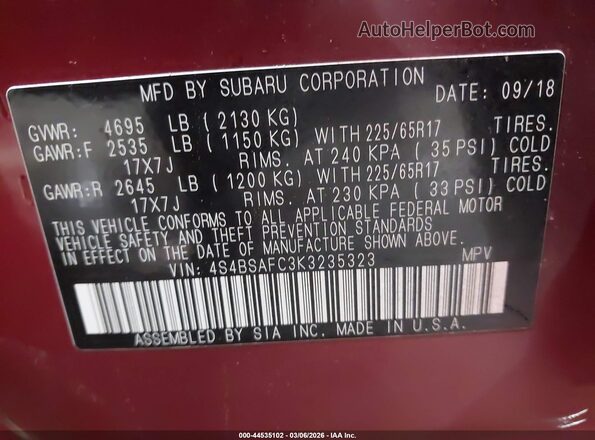 4S4BSAFC3K3235323 2019 SUBARU OUTBACK Red Vista del compartimento del motor
