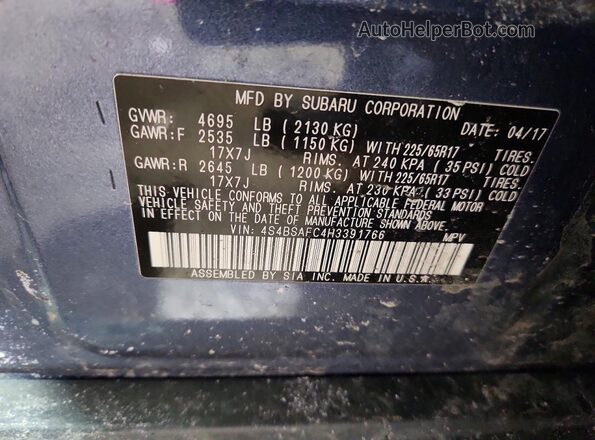 4S4BSAFC4H3391766 2017 SUBARU OUTBACK Blue Вид підкапотного простору