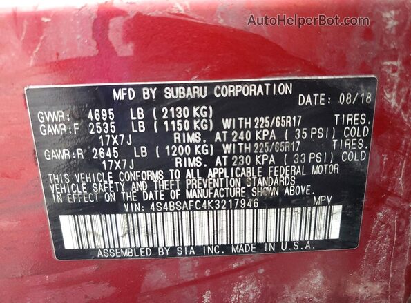 4S4BSAFC4K3217946 2019 SUBARU OUTBACK Красный Вид наклейки с VIN-кодом