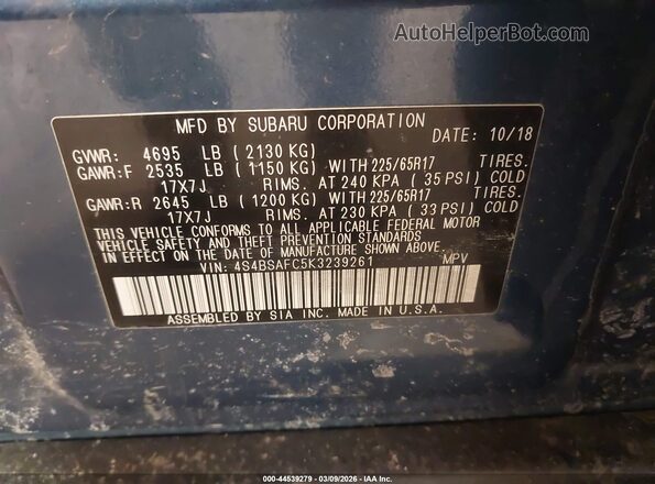 4S4BSAFC5K3239261 2019 SUBARU OUTBACK Blue Vista del compartimento del motor