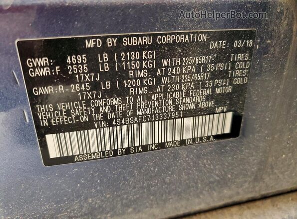 4S4BSAFC7J3337951 2018 SUBARU OUTBACK Синий Вид подкапотного пространства