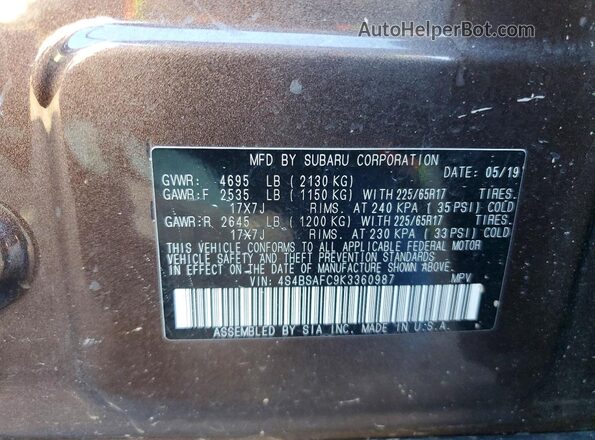4S4BSAFC9K3360987 2019 SUBARU OUTBACK Коричневый Вид наклейки с VIN-кодом