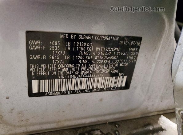 4S4BSAFCXJ3395875 2018 SUBARU OUTBACK Серебряный Вид наклейки с VIN-кодом