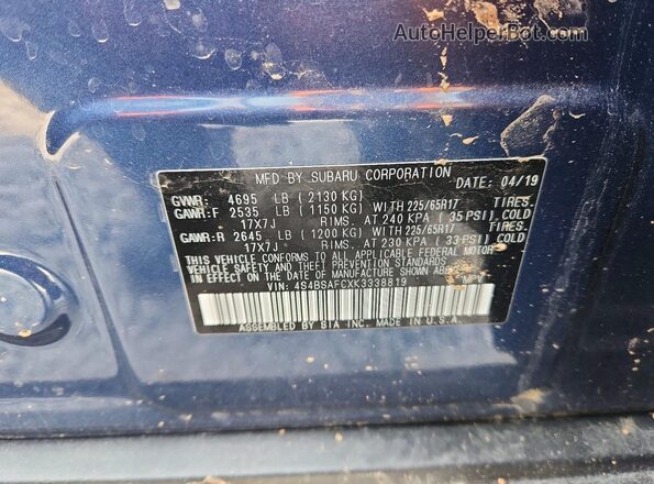 4S4BSAFCXK3338819 2019 SUBARU OUTBACK Blue Engine compartment view