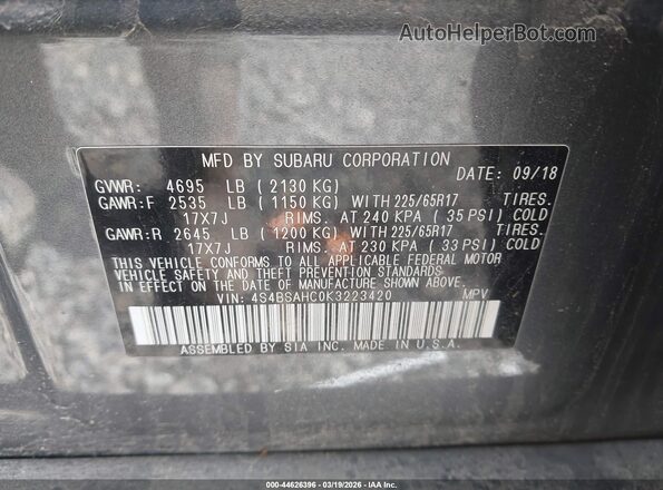 4S4BSAHC0K3223420 2019 SUBARU OUTBACK Black Engine compartment view