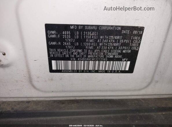 4S4BSAHC4K3212565 2019 SUBARU OUTBACK Белый Вид подкапотного пространства