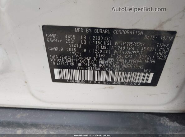 4S4BSAHC7K3248587 2019 SUBARU OUTBACK Белый Вид подкапотного пространства