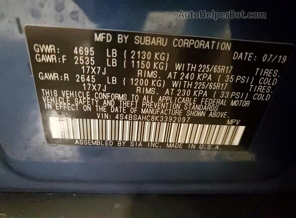 4S4BSAHC8K3392097 2019 SUBARU OUTBACK Blue Vista interior de 360 grados