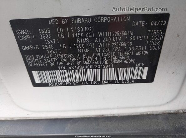4S4BSAJC0K3343941 2019 SUBARU OUTBACK Белый Вид подкапотного пространства