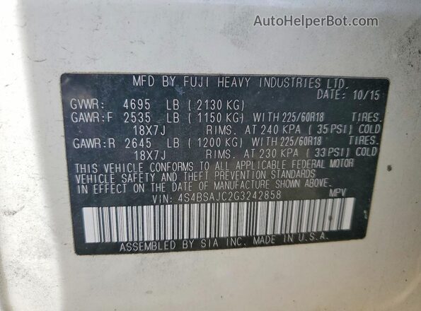 4S4BSAJC2G3242858 2016 SUBARU OUTBACK White Widok wnętrza 360 stopni