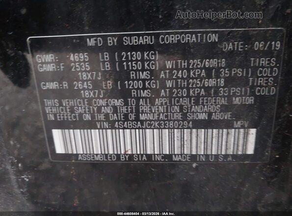 4S4BSAJC2K3380294 2019 SUBARU OUTBACK Black Вид підкапотного простору
