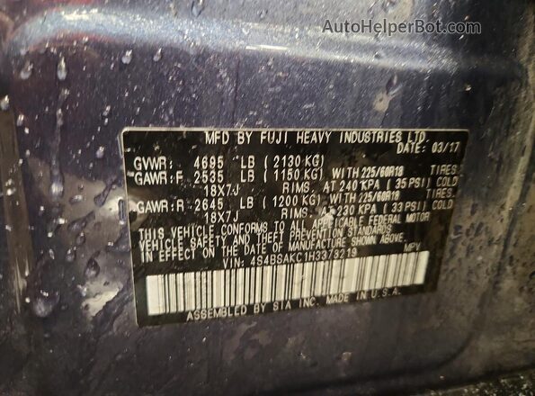 4S4BSAKC1H3378219 2017 SUBARU OUTBACK Синий Панорамный вид салона 360°
