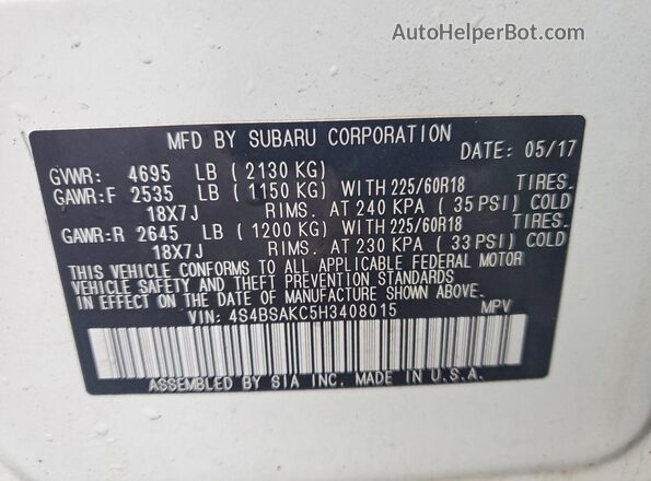 4S4BSAKC5H3408015 2017 SUBARU OUTBACK Белый Панорамный вид салона 360°