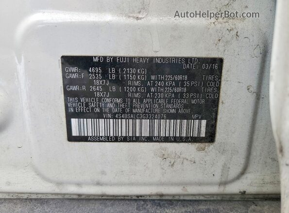 4S4BSALC3G3324076 2016 SUBARU OUTBACK Белый Вид наклейки с VIN-кодом