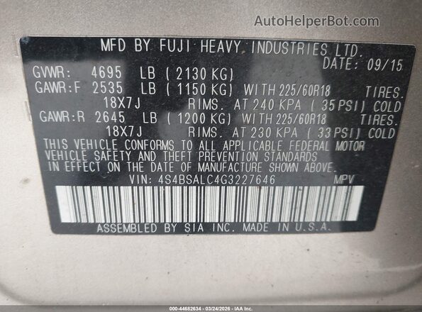 4S4BSALC4G3227646 2016 SUBARU OUTBACK Beige Widok komory silnika