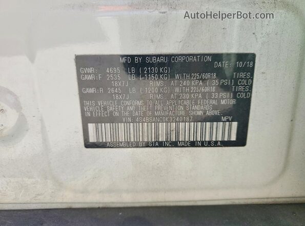 4S4BSANC0K3240187 2019 SUBARU OUTBACK Белый Вид наклейки с VIN-кодом
