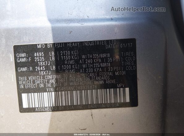 4S4BSANC2H3336878 2017 SUBARU OUTBACK Серебряный Вид подкапотного пространства