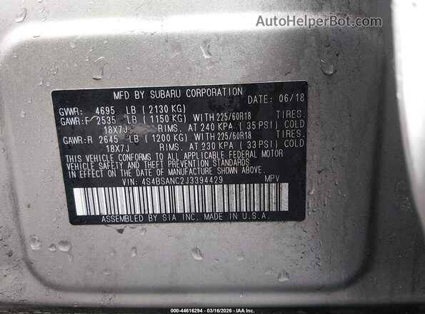 4S4BSANC2J3394429 2018 SUBARU OUTBACK Champagne Vista del compartimento del motor