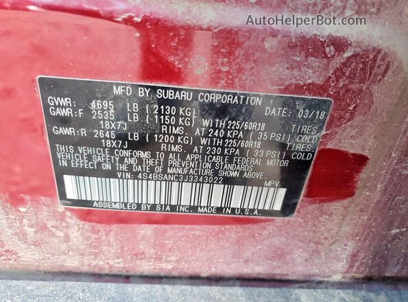 4S4BSANC3J3343022 2018 SUBARU OUTBACK Темно-бордовый Вид наклейки с VIN-кодом