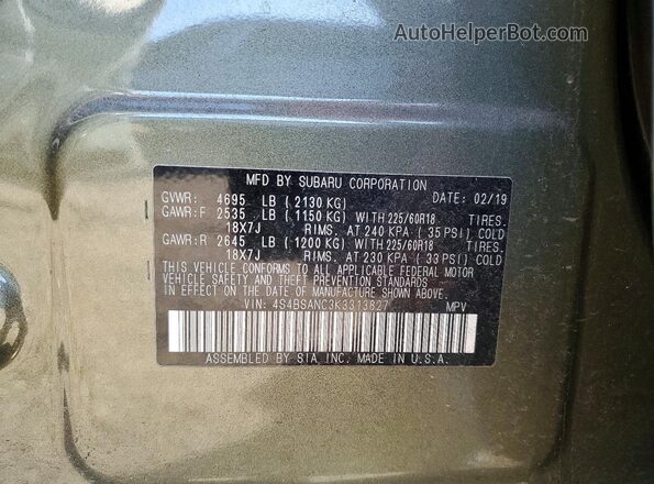 4S4BSANC3K3313827 2019 SUBARU OUTBACK Зеленый Вид подкапотного пространства
