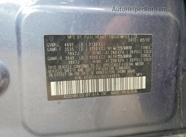 4S4BSANC4H3349809 2017 SUBARU OUTBACK Синий Вид наклейки с VIN-кодом