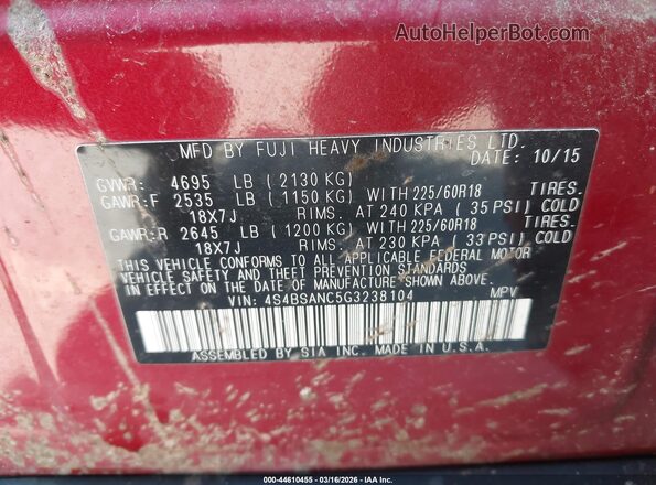 4S4BSANC5G3238104 2016 SUBARU OUTBACK Красный Вид подкапотного пространства