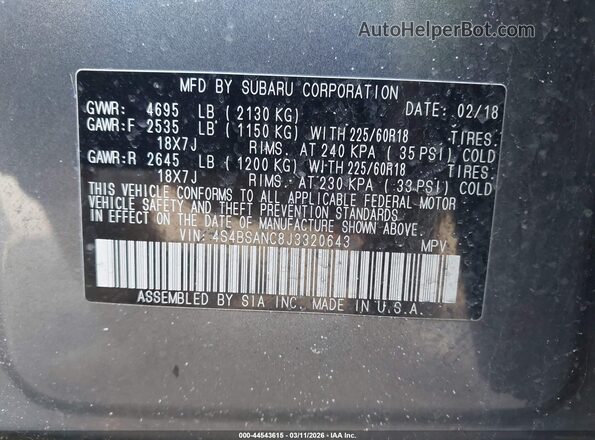 4S4BSANC8J3320643 2018 SUBARU OUTBACK Серый Вид подкапотного пространства