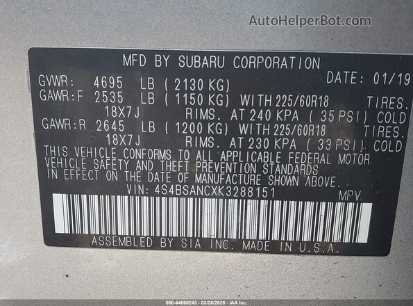 4S4BSANCXK3288151 2019 SUBARU OUTBACK Silver Vista del compartimento del motor