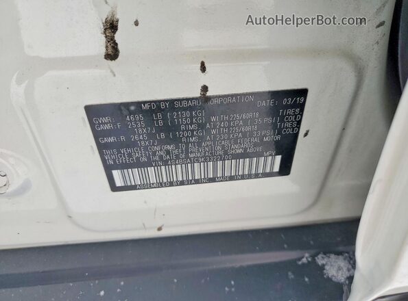 4S4BSATC9K3322700 2019 SUBARU OUTBACK White Widok naklejki z numerem VIN