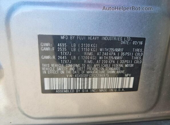 4S4BSBFC3G3296975 2016 SUBARU OUTBACK Серебряный Вид наклейки с VIN-кодом