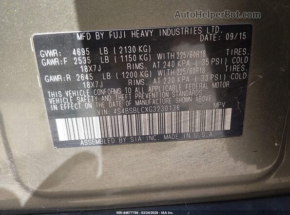 4S4BSBLCXG3230136 2016 SUBARU OUTBACK Серый Вид подкапотного пространства