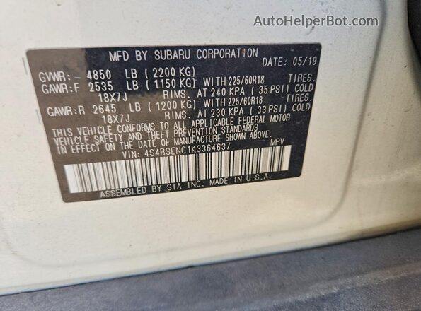 4S4BSENC1K3364637 2019 SUBARU OUTBACK White VIN sticker view