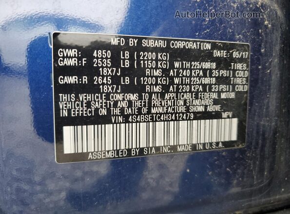 4S4BSETC4H3412479 2017 SUBARU OUTBACK Синий Вид наклейки с VIN-кодом