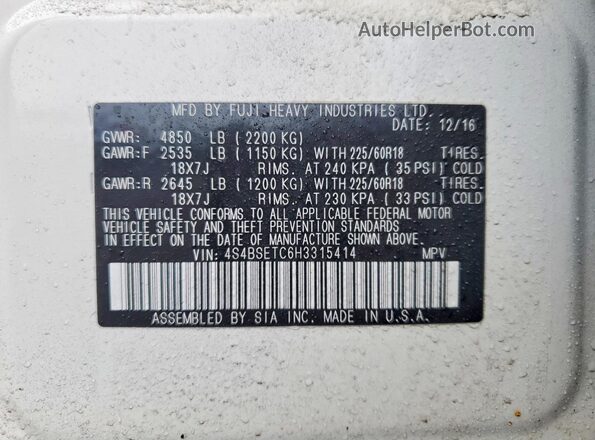 4S4BSETC6H3315414 2017 SUBARU OUTBACK Белый Вид наклейки с VIN-кодом