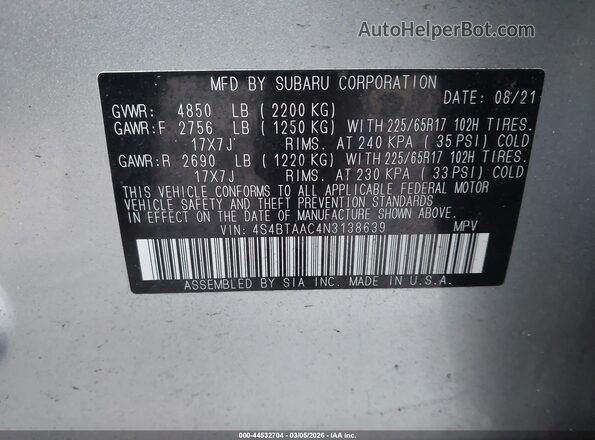 4S4BTAAC4N3138639 2022 SUBARU OUTBACK Серебряный Вид подкапотного пространства