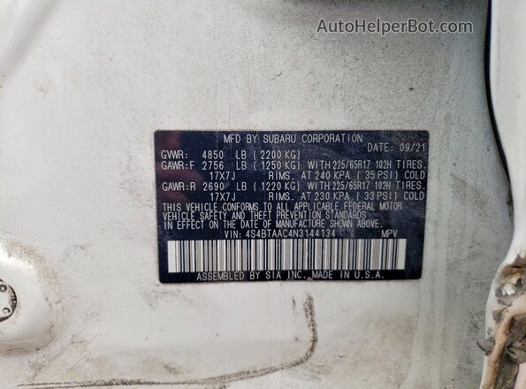 4S4BTAAC4N3144134 2022 SUBARU OUTBACK White Вид наклейки з VIN-кодом