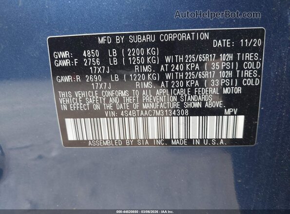 4S4BTAAC7M3134308 2021 SUBARU OUTBACK Blue Вид підкапотного простору