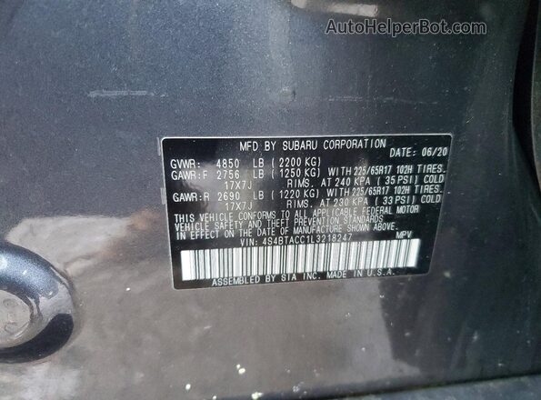 4S4BTACC1L3218247 2020 SUBARU OUTBACK Угольный Панорамный вид салона 360°