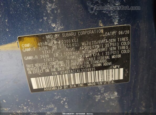 4S4BTACC4L3224835 2020 SUBARU OUTBACK Blue Widok komory silnika
