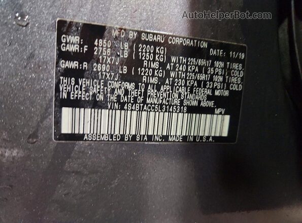4S4BTACC5L3145318 2020 SUBARU OUTBACK Серый Панорамный вид салона 360°