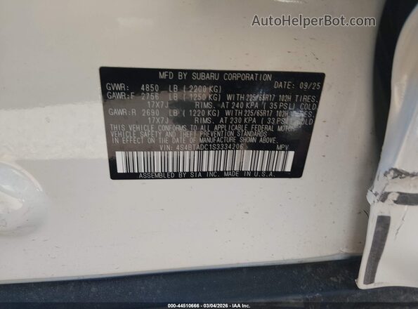 4S4BTADC1S3334206 2025 SUBARU OUTBACK White Widok komory silnika