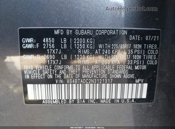 4S4BTADC2N3121317 2022 SUBARU OUTBACK Серый Вид подкапотного пространства