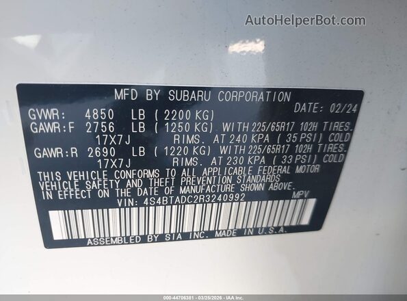 4S4BTADC2R3240992 2024 SUBARU OUTBACK Белый Вид подкапотного пространства