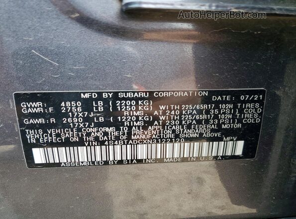 4S4BTADCXN3122120 2022 SUBARU OUTBACK Серый Вид наклейки с VIN-кодом